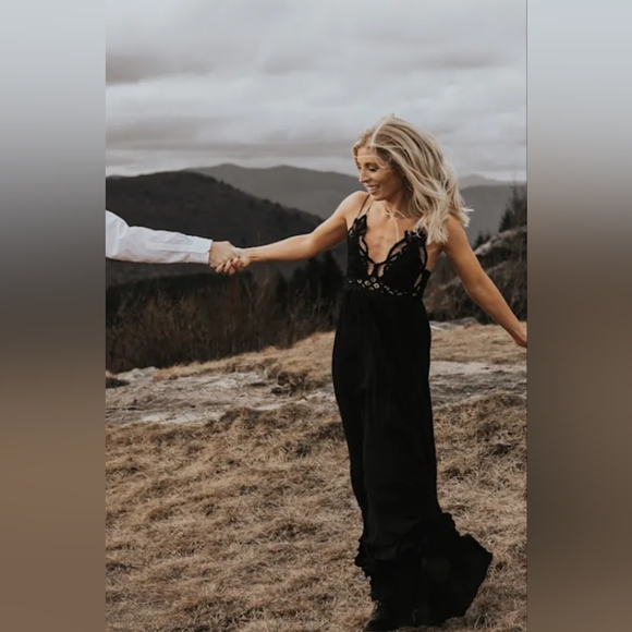 Free People L Adella Maxi Slip Floral Lace Long Flowy Dress Criss Cross Back - Picture 8 of 16